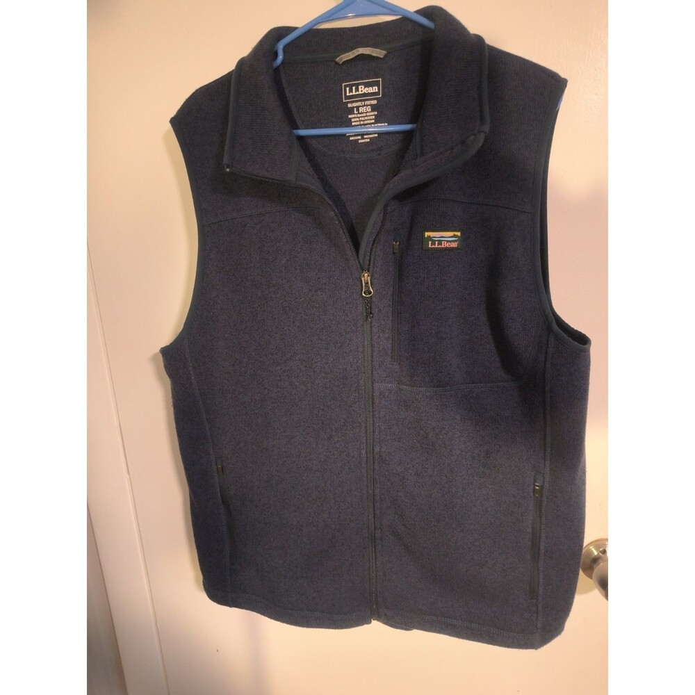 LL Bean Men's Sweater Fleece Vest, Size L, Navy Blue, Full Zip, Slightly Fitted